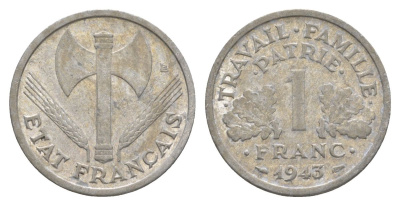 Франция 1 франк 1943 LB, тип LOURDE, правительство Виши KM 902.1, Le Franc 223.3 алюминий 4631-523