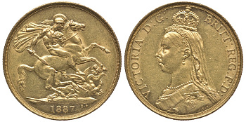 Великобритания 2 фунта 1887 Виктория (1837-1901) KM 768, Spink 3865 золото 00-000-00