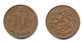 Финляндия 10 пенни 1928 республика (1918-1962) KM 24 медь 46-1627
