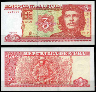 Куба 3 песо 2004 Че Гевара, Че Гевара рубит сахарный тростник Pick 127 бумага UNC (пресс) 447-54-1