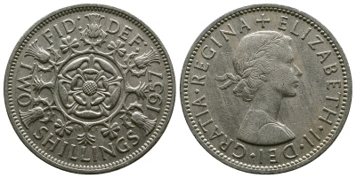 Великобритания 2 шиллинга (флорин) 1957 Елизавета II (1952-2022) KM 906, Spink 4146 медно-никель 4382-133