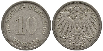 Германия 10 пфеннигов 1900 A KM 12, Jager 13, Weege 8 медно-никель 219-327