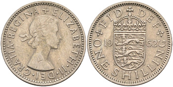 Великобритания 1 шиллинг 1962 Елизавета II (1952-2022), Английский герб KM 904, Spink 4147 медно-никель 4116-842