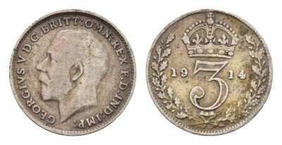Великобритания 3 пенса 1914 Георг V (1910-1936) KM 813, Spink 4015 серебро 177-568
