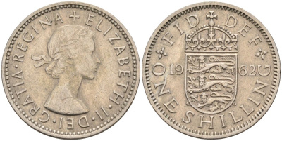Великобритания 1 шиллинг 1962 Елизавета II (1952-2022), Английский герб KM 904, Spink 4147 медно-никель 4116-842