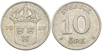 Швеция 10 эре 1937 G, Густав V (1907-1950) KM 780 серебро 116-1156