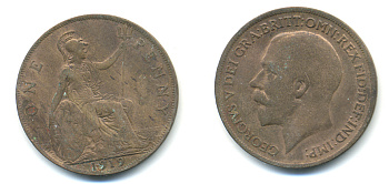 Великобритания 1 пенни 1919 Георг V (1910-1936) KM 810, Spink 4051 бронза 83-543