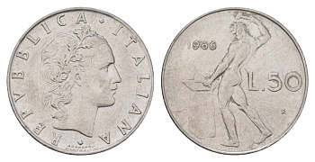 Италия 50 лир 1966 R, бог огня Вулкан у наковальни KM 95.1 нержавеющая сталь 4624-1147