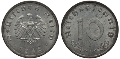ГЕРМАНИЯ 10 РЕЙХСПФЕННИГОВ 1948 F, ОККУПАЦИЯ ГЕРМАНИИ СОЮЗНЫМИ ВОЙСКАМИ KM A 104 цинк aUNC 02-264-51