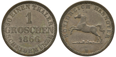 Брауншвейг-Каленберг-Ганновер 1 грош 1866 В, Георг V (1851-1866) KM 236, AKS 149, Jaeger 93 серебро 1520-235