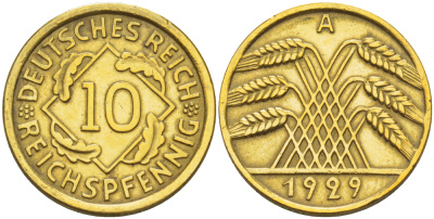 ГЕРМАНИЯ 10 РЕЙХСПФЕННИГОВ 1929 А KM 40, J. 317, Weege 9 алюминиевая бронза 4182-714