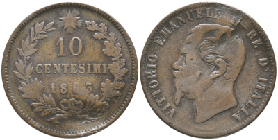 ИТАЛИЯ 10 ЧЕНТЕЗИМО 1863 ВИКТОР ИМАНУИЛ II (1861-1878) KM 11.2 медь 32-611