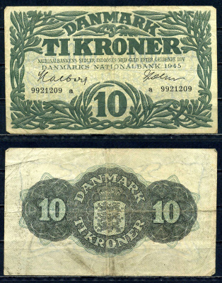 Дания 10 крон 1945 серия a Pick 37 b бумага 6301-43-1-2