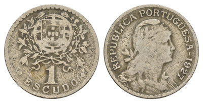 Португалия 1 эскудо 1927 голова Свободы вправо KM 578 никель латунь 4654-246