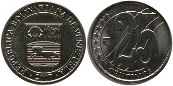 Венесуэла 25 сентимо 2007 KM 91, Schon 104 сталь плакированная никелем 4576-916