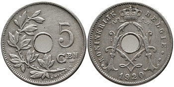 БЕЛЬГИЯ 5 САНТИМОВ 1920/10 BELGIE KM 67 медно-никель 72-1639