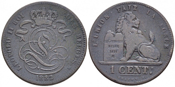 БЕЛЬГИЯ 1 САНТИМ 1882 BELGES KM 33.1 медь 116-715