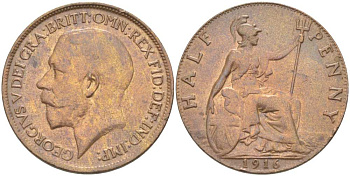 Великобритания 1/2 пенни 1916 Георг V (1910-1936) KM 809, Spink 4056 бронза 1518-1415