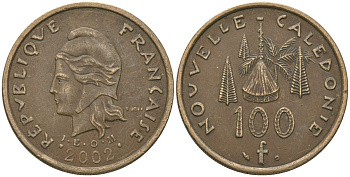 Французская Новая Каледония 100 франков 2002 хижина среди сосен и пальм, (IEOM) KM 15, Schoen 16, Lec 139f никель бронза 109-711