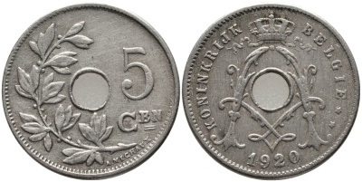 БЕЛЬГИЯ 5 САНТИМОВ 1920/10 BELGIE KM 67 медно-никель 72-1639