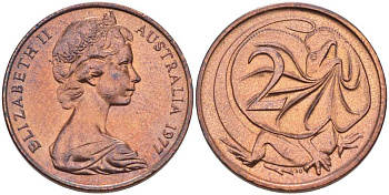АВСТРАЛИЯ 2 ЦЕНТА 1977 ЕЛИЗАВЕТА II, МОЛОДОЙ ПОРТРЕТ, ПЛАЩЕНОСНАЯ ЯЩЕРИЦА (FRILLED LIZARD) KM 63 бронза 4385-1054