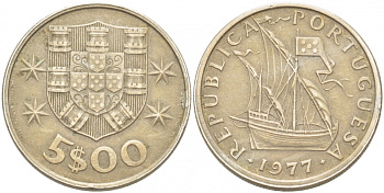ПОРТУГАЛИЯ 5 ЭСКУДО 1977 ПАРУСНИК KM 591 медно-никель 77-412