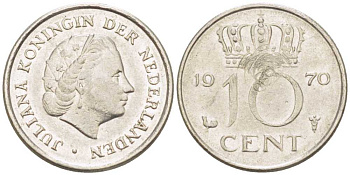 Нидерланды 10 центов 1970 Юлиана (1948-1980) KM 182 никель 214-1246