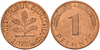 ФРГ 1 пфенниг 1994 G KM 105, J. 380 сталь плакированная медью    4598-714