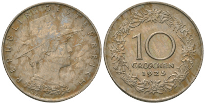 Австрия 10 грошей 1925 KM 2838 медно-никель 60-342