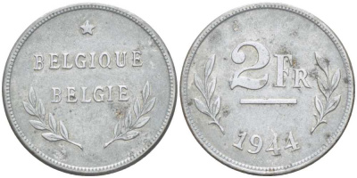 БЕЛЬГИЯ 2 ФРАНКА 1944 BELGIQUE-BELGIE KM 133 сталь покрытая цинком 206-234