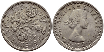 Великобритания 6 пенсов 1963 Елизавета II (1952-2022) KM 903, Spink 4149 медно-никель 75-1021