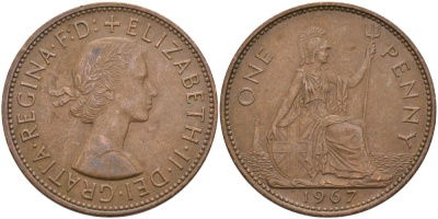 Великобритания 1 пенни 1967 Елизавета II (1952-2022) KM 897, Spink 4157 бронза 4574-331