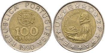 Португалия 100 эскудо 1990 Педру Нуниш (1502-1578), математик KM 645.1 биметалл 4150-1025