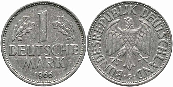 ФРГ 1 МАРКА 1966 G KM 110, J. 385 медно-никель 113-154