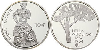 Финляндия 10 евро 2011 125 лет со дня рождения Хелла Вуолийоки, писательница KM 165 серебро  PROOF  1095-5-11
