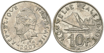 Французская Новая Каледония 10 франков 2007 рыбачья парусная лодка, (IEOM) KM 11a, Schoen 13a, Lec 99k медно-никель 57-237