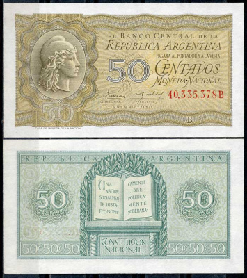 Аргентина 50 сентаво ND (1952) серия B 40335, свобода, конституция Pick 261 (2)  бумага  UNC (пресс) 447-34-3-1