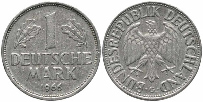 ФРГ 1 МАРКА 1966 G KM 110, J. 385 медно-никель 113-154