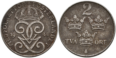 Швеция 2 эре 1948 Густав V (1907-1950) KM 811 железо 4608-412