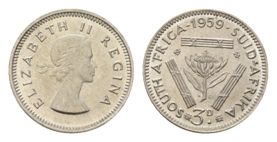 ЮАР 3 пенса 1959 Елизавета II (1952-2022) KM 47 серебро UNC 4547-1141