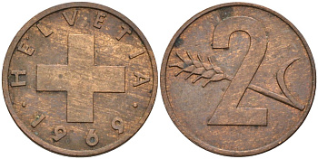 Швейцария 2 раппена 1969 KM 47 бронза 4592-624