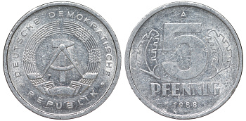 ГДР 5 ПФЕННИГОВ 1988 А алюминий 62-551