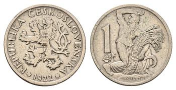 Чехословакия 1 крона 1922 женщина со снопом и серпом KM 4 медно-никель 3459-1256
