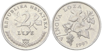 Хорватия 2 липы 1993 нечетный год KM 4 алюминий  aUNC  4124-447