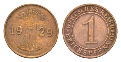 Германия 1 рейхспфенниг 1929 A KM 37, J. 313 бронза 4636-263
