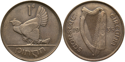 ИРЛАНДИЯ 1 ПЕННИ 1935 КУРИЦА С ЦЫПЛЯТАМИ KM 3 бронза 650-1643