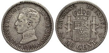 Испания 50 сентимо 1904 Альфонсо XIII (1886-1931), год-тип KM 723 серебро     4567-122