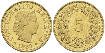 Швейцария 5 раппенов 1983 KM 26c алюминиевая бронза 188-365