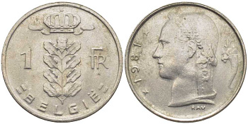 БЕЛЬГИЯ 1 ФРАНК 1981 BELGIE, БОДУЭН I (1951-1993) KM 143.1 медно-никель 119-656