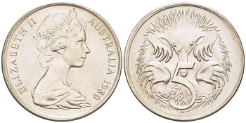 АВСТРАЛИЯ 5 ЦЕНТОВ 1980 ЕЛИЗАВЕТА II (1952-) МОЛОДОЙ ПОРТРЕТ, ЕХИДНА KM 64 медно-никель 4516-662